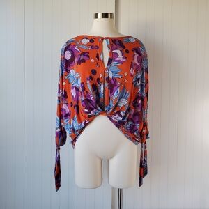 Free People Womens Floral Orange Top Blouse High Low Sz Small Front Twisted